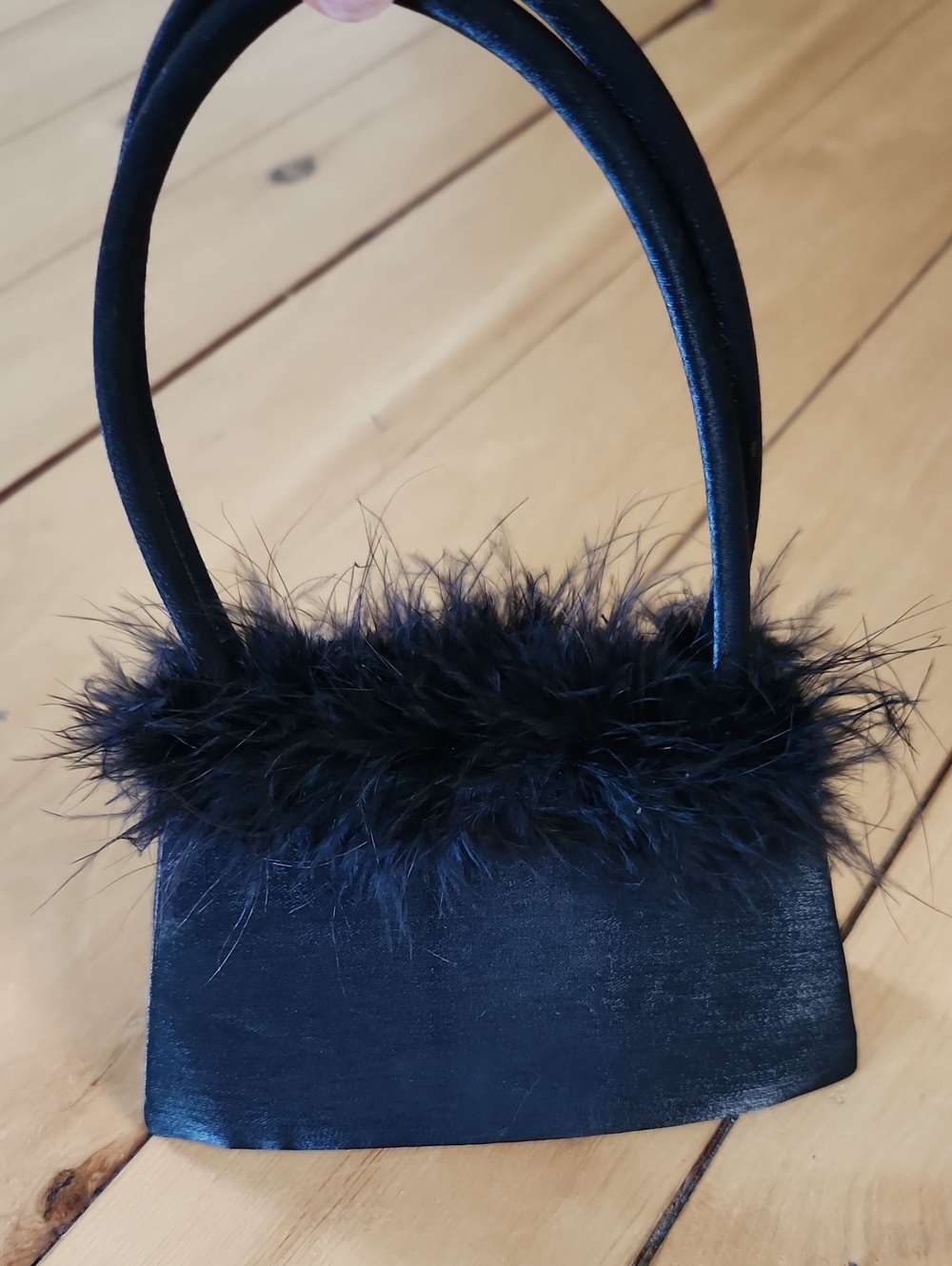Magid Black Satin Clutch with Faux Fur Trim